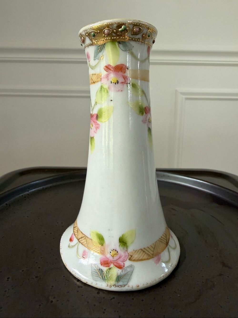 Vintage Cabbage Rose Gold Gilt Hat Pin Holder Bud Vase 4.75”